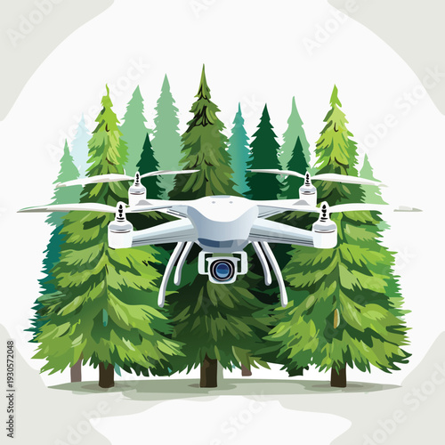 Drone hovering in front of stylized evergreen trees