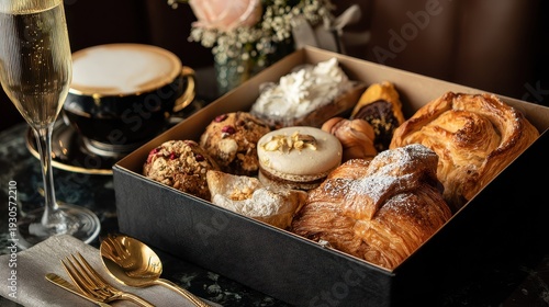 Luxury breakfast box with gourmet pastries, gold utensils, and a champagne glass, elegant brunch concept, high-end dining. 