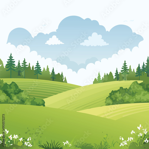 Cartoon landscape illustration with rolling hills and blue sky