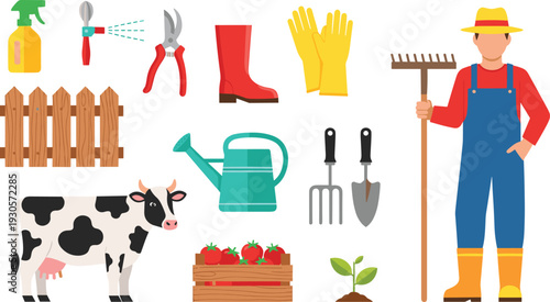 Farming and agriculture elements set with farmer, cow, tools, fence, watering can, and harvest crops for rural life and organic food production vector illustration.