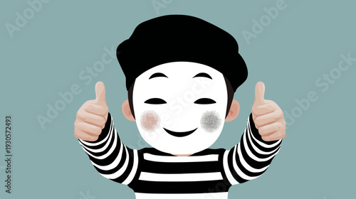 Cartoon-style figure of a person dressed as a mime with thumbs up, against a solid background