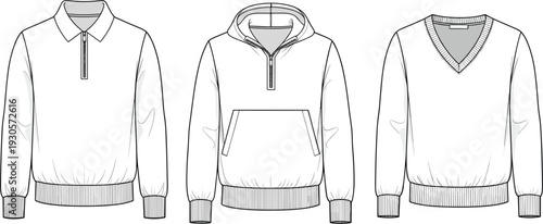 Set of men fashion technical flat sketches featuring quarter zip polo hoodie and v-neck sweatshirt templates for apparel design and manufacturing.