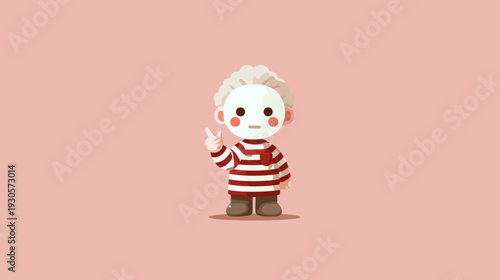 A cartoon figure with a blank mask gives a peace sign, wearing a striped shirt and boots