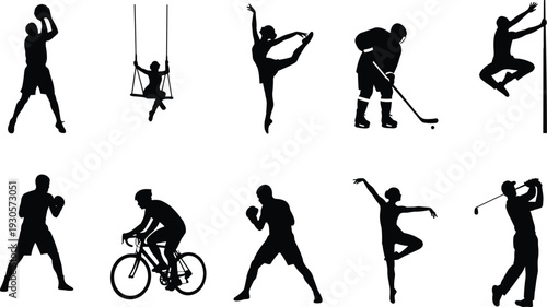 Collection of sports silhouettes featuring athletes boxing, basketball, cycling, golf, hockey, ballet, gymnastics and swing on white background, active lifestyle and fitness concept