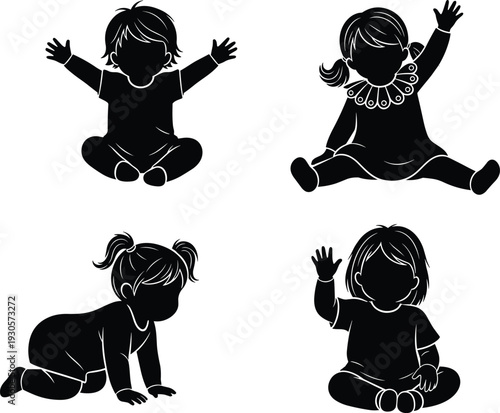 Cute baby silhouettes collection featuring sitting and crawling toddlers with raised hands, adorable children characters in black and white vector illustration set