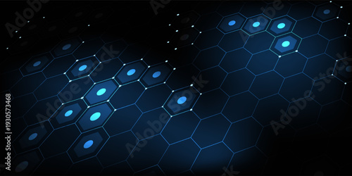 Futuristic abstract blue background featuring glowing hexagonal grid pattern and connected dots. Digital technology concept with geometric honeycomb structure
