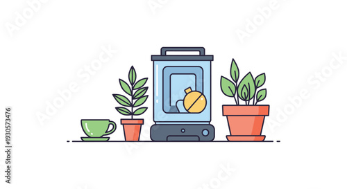 A charming illustration depicts a vintage radio flanked by potted plants and a teacup a delightful silhouette high quality professional detailed