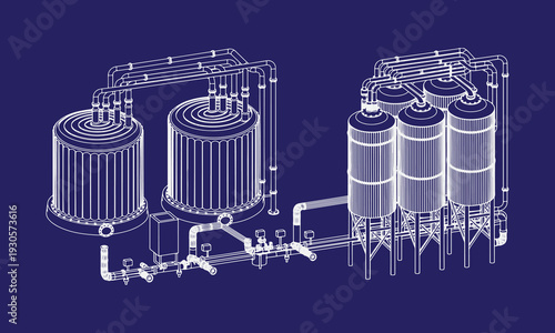 Industrial Water Treatment Plant Vector Line Art Illustration with Filtration Tanks, Pipes and Valves, Wastewater Processing Infrastructure Technical Schematic Drawing for Engineering