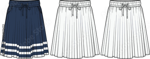 Technical fashion flat sketch of a women's pleated midi skirt with elastic drawstring waistband and striped hem detail in vector format