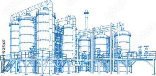 Industrial Water Treatment Plant Vector Line Art Illustration with Filtration Tanks, Pipes and Valves, Wastewater Processing Infrastructure Technical Schematic Drawing for Engineering