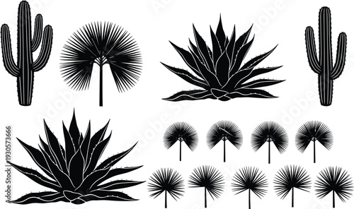 WebDesert cactus and agave silhouette vector set featuring saguaro cacti and palm trees isolated on white background for southwest landscape design