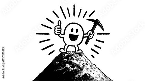 A cartoon character with a pickaxe and thumbs-up on a mountain summit, representing success