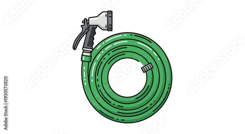 A colorful illustration depicts a coiled green garden hose and silver spray nozzle a simple silhouette high quality professional detailed modern