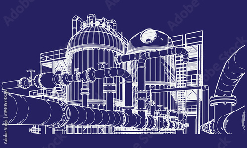 Industrial Water Treatment Plant Vector Line Art Illustration with Filtration Tanks, Pipes and Valves, Wastewater Processing Infrastructure Technical Schematic Drawing for Engineering