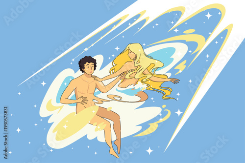 Starry Sky Lovers In Harmony. Dreamy Illustration Depicting Affectionate Stars And Planetary Embrace