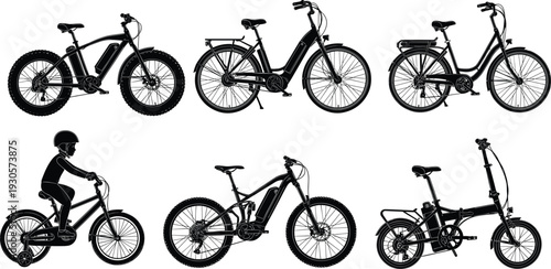 Electric bicycle silhouettes collection featuring mountain, city, folding and kids bikes, black and white detailed e bike set isolated on white background