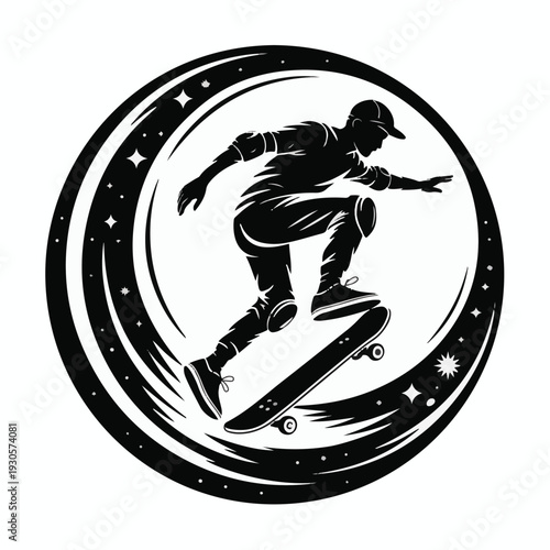 Skateboarder silhouette jumping within circular celestial space frame vector design