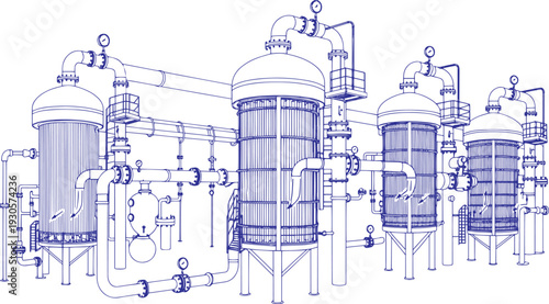 Industrial Water Treatment Plant Vector Line Art Illustration with Filtration Tanks, Pipes and Valves, Wastewater Processing Infrastructure Technical Schematic Drawing for Engineering