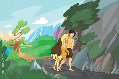 Mythic Rescue Journey. Vivid Artistic Rendering Of Brave Centaur Aiding Woman In Sunlit Wilderness