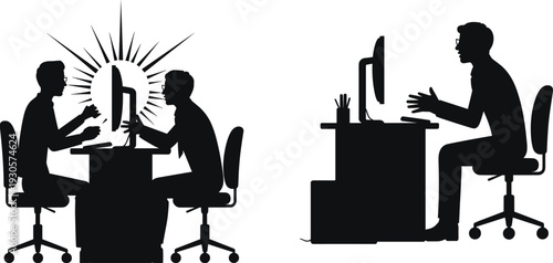 Business meeting silhouette at computer desk, office discussion and online collaboration concept, coworkers debating ideas, 