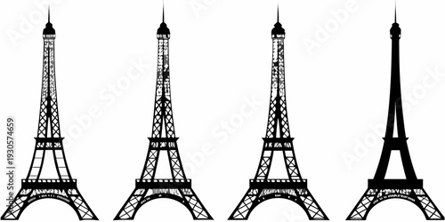 Four stylized silhouettes of the eiffel tower in black and white