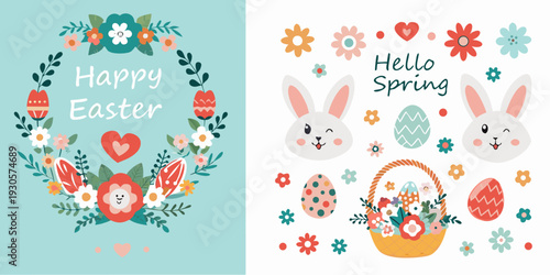 Festive easter and spring greetings with floral and bunny illustrations