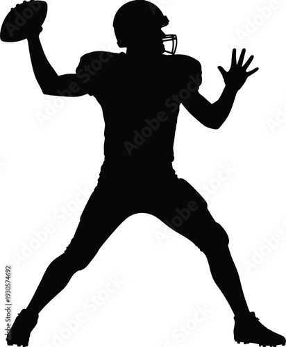 American football player silhouette throwing ball, quarterback action pose, professional athlete in helmet and uniform, sports competition concept, isolated 