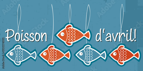 Festive april fools day illustration with hanging fish and text