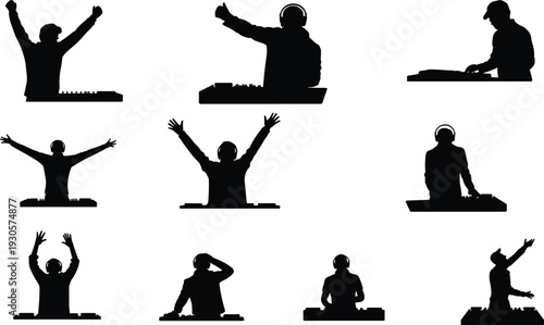 Collection of DJ silhouettes performing at turntables, energetic music producer set, nightclub party atmosphere, electronic dance music concept, isolated black figures on white background
