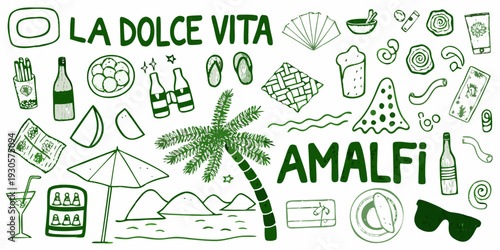 A green doodle collection depicting italian summer and amalfi coast themes
