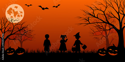Silhouetted children trick or treating against a spooky halloween moonlit background