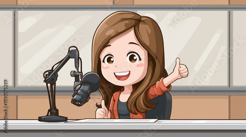 Animated cartoon woman giving a thumbs up and smiling near a microphone in a studio setting