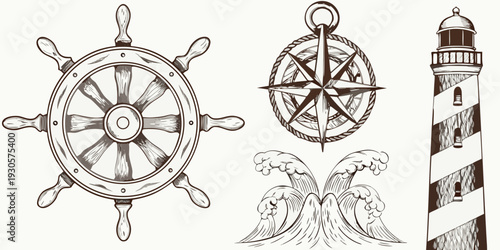 Nautical elements including a ship s wheel compass lighthouse and waves