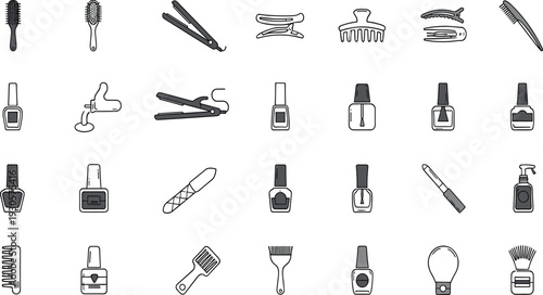 Hairdressing and manicure outline icon set with comb, scissors, nail polish, clipper, brush, and salon tools for beauty and grooming vector illustration.