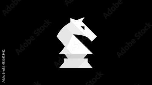 Simplified white geometric representation of a chess piece knight, against a black backdrop
