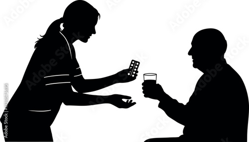 Nurse Giving Medication to Senior Patient Silhouette; Geriatric Care, Assisted Living, and Medical Treatment Concept