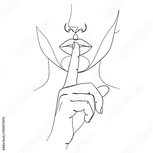 Minimalist Shh Gesture Line Art – Elegant Female Face Outline Illustration