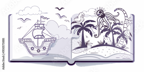 An open storybook depicts a whimsical scene of pirates and a tropical island