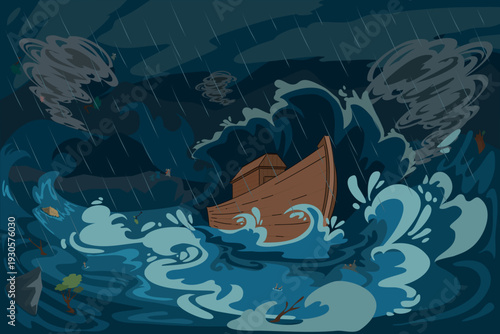 Small Vessel Faces Fierce Storm. Tiny Boat Endures Turbulent Waves And Stormy Skies While Seeking Safety