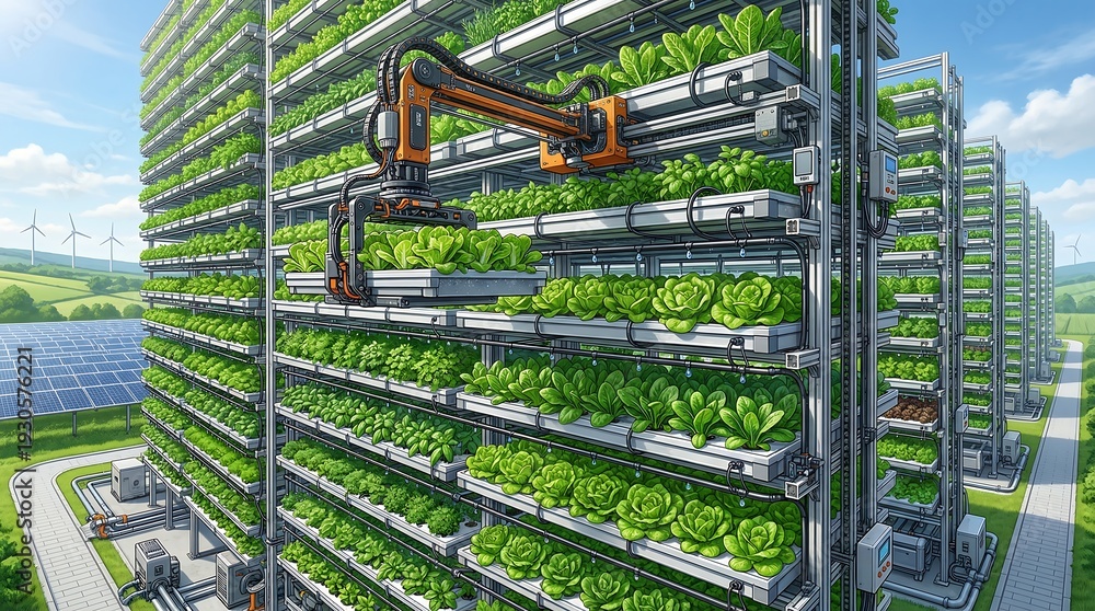 © Rafli - High tech robotic arm performing maintenance on crops in a multi level vertical indoor farm using smart agriculture technology.