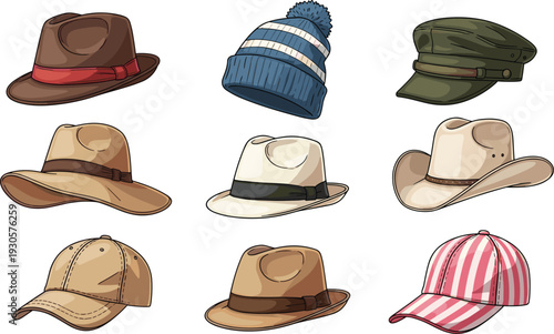 Hat collection with fedora, cowboy, baseball cap, winter beanie, and military cap for fashion accessory and headwear vector illustration.