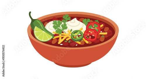 A colorful illustration depicts a bowl of chili garnished with toppings showcasing a flat silhouette high quality professional detailed modern elegant
