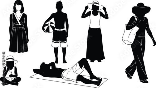 Vector silhouette set of people on summer beach vacation featuring families relaxing sunbathing wearing hats carrying bags and playing with balls
