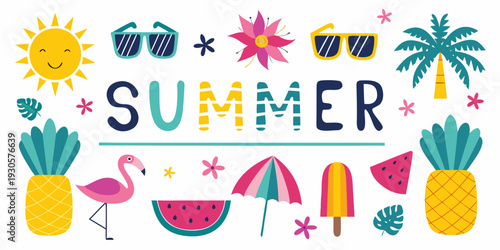 Colorful summer illustration featuring tropical fruits sun and beach elements