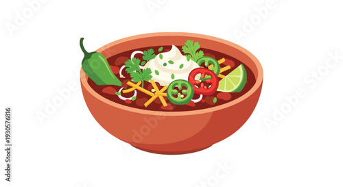 A vibrant illustrated bowl of chili con carne with toppings like peppers lime and cilantro silhouette high quality professional detailed modern