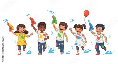 Joyful Kids Playing Holi With Colorful Pichkaris