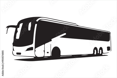 A stylized black and white illustration of a modern touring coach bus