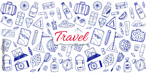 A collection of hand drawn travel themed icons and doodles