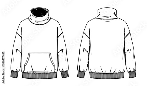 Roll Neck Sweatshirt with Kangaroo Pocket Flat Technical Drawing Unisex CAD Vector