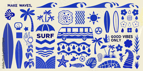 Colorful illustration featuring surfboards palm trees and ocean themed doodles
